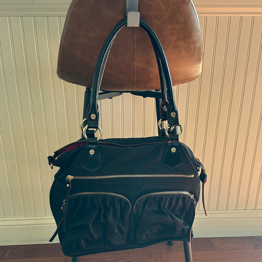 MZ Wallace Jane Bedford Nylon Shoulder Bag Black with Red Trim and Interior